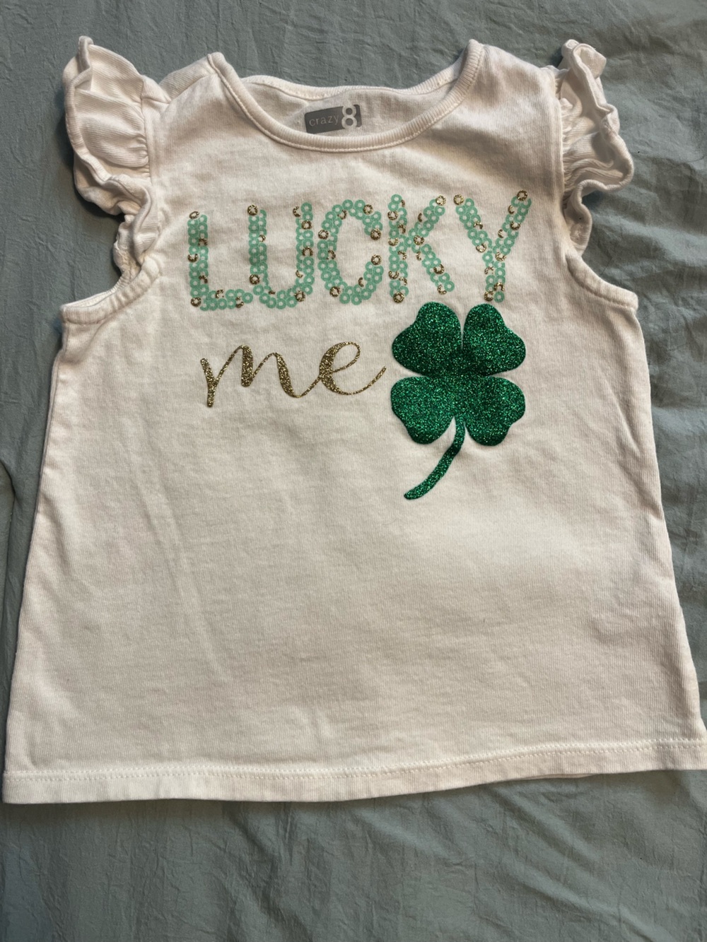 Crazy8 White shirt with Green Glitter Shamrock and Gold Script